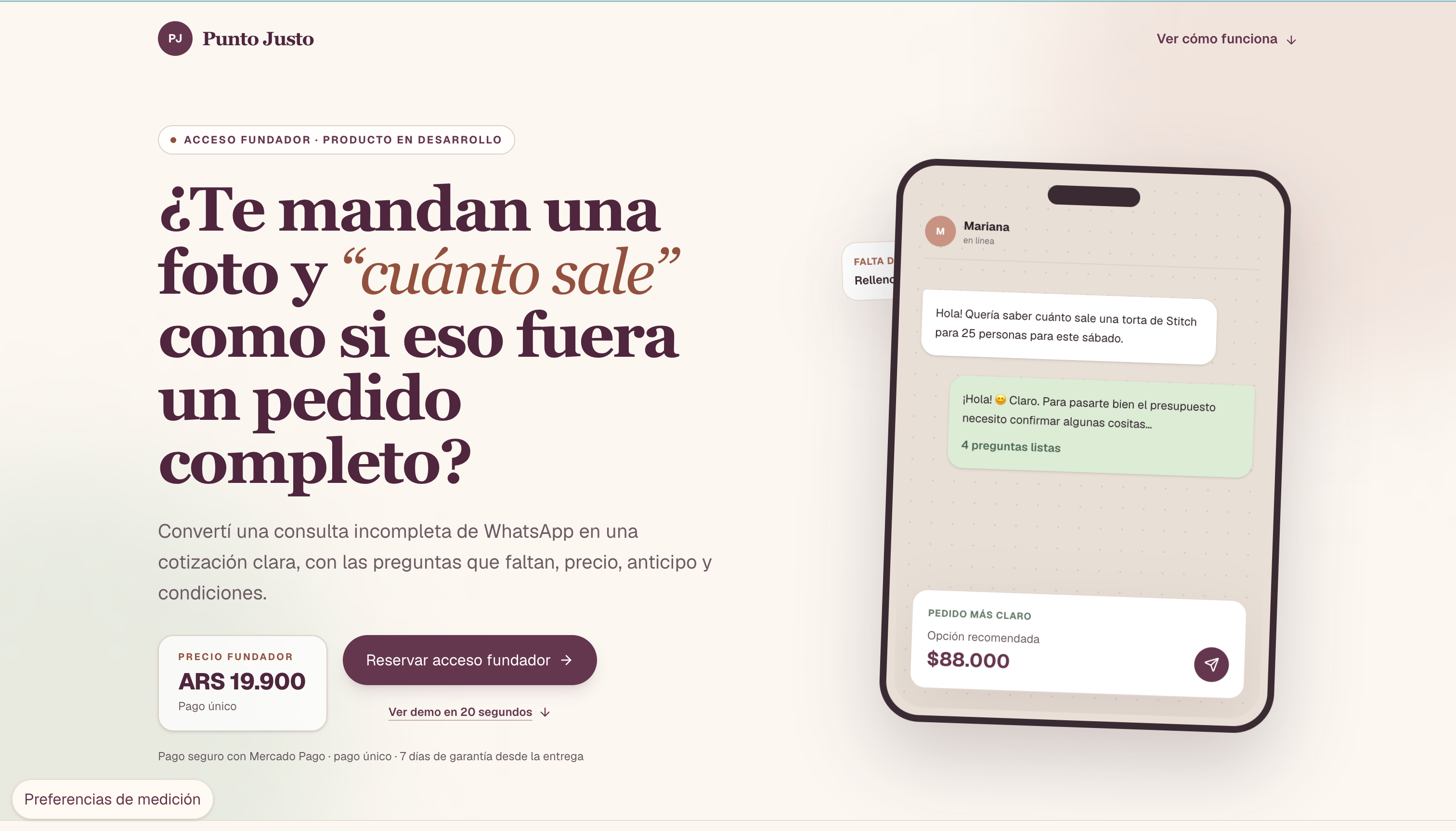 Punto Justo — the product's real landing page